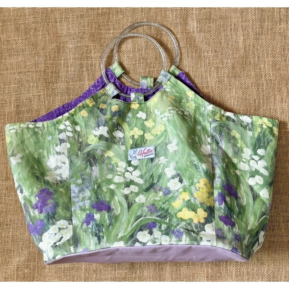 Handmade Floral Hobo Purse Glitter Plastic Handles Impressionist Watercolor